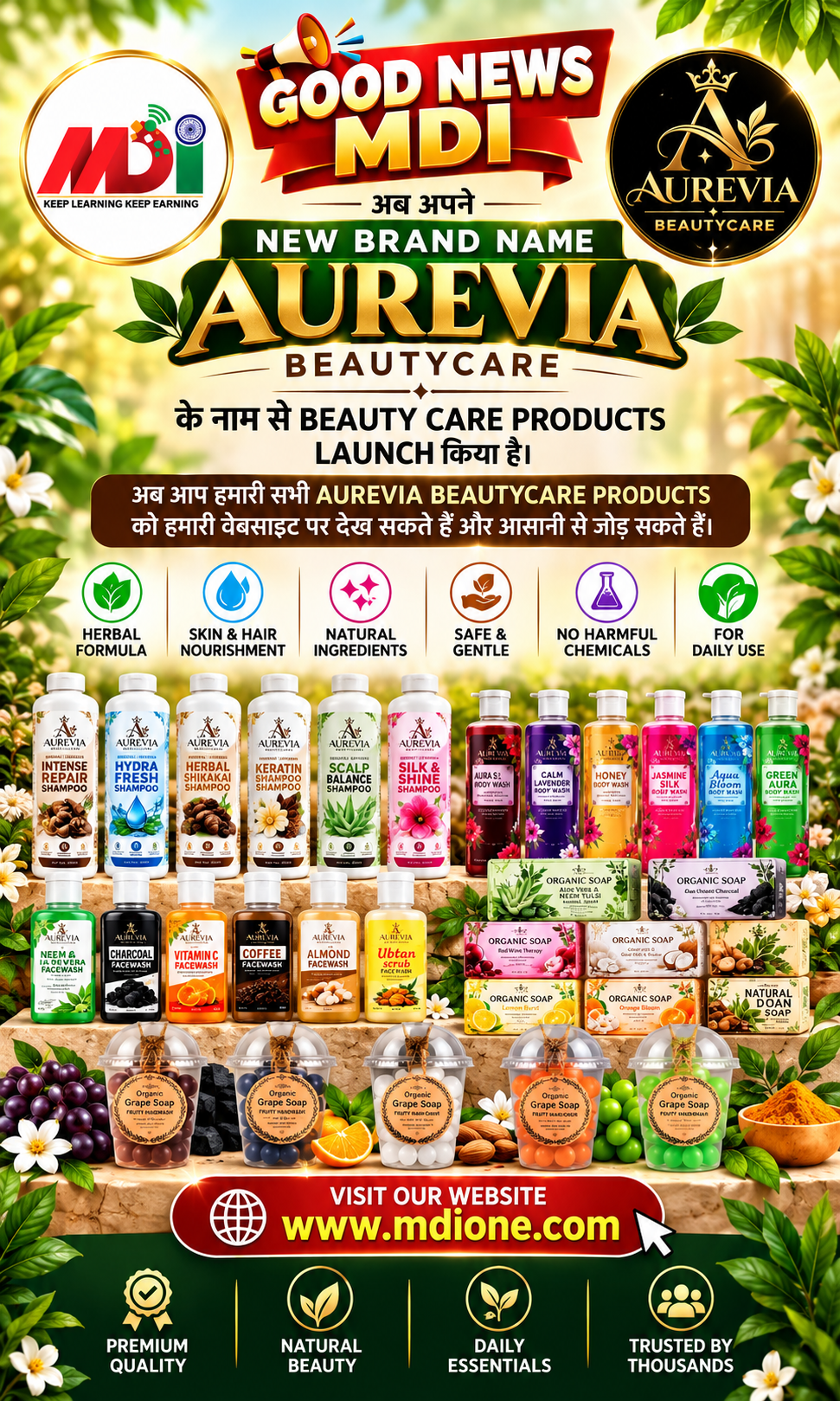 AUREVIA Beautycare launch poster — herbal shampoos, face washes and organic soaps